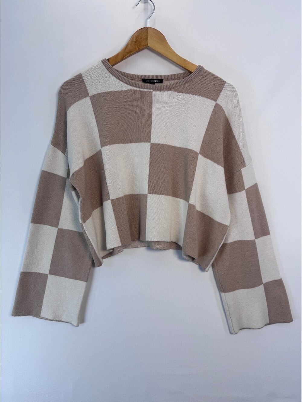 Papermoon Checkered Cropped Sweater Beige Cream Boxy Oversized Womens Medium